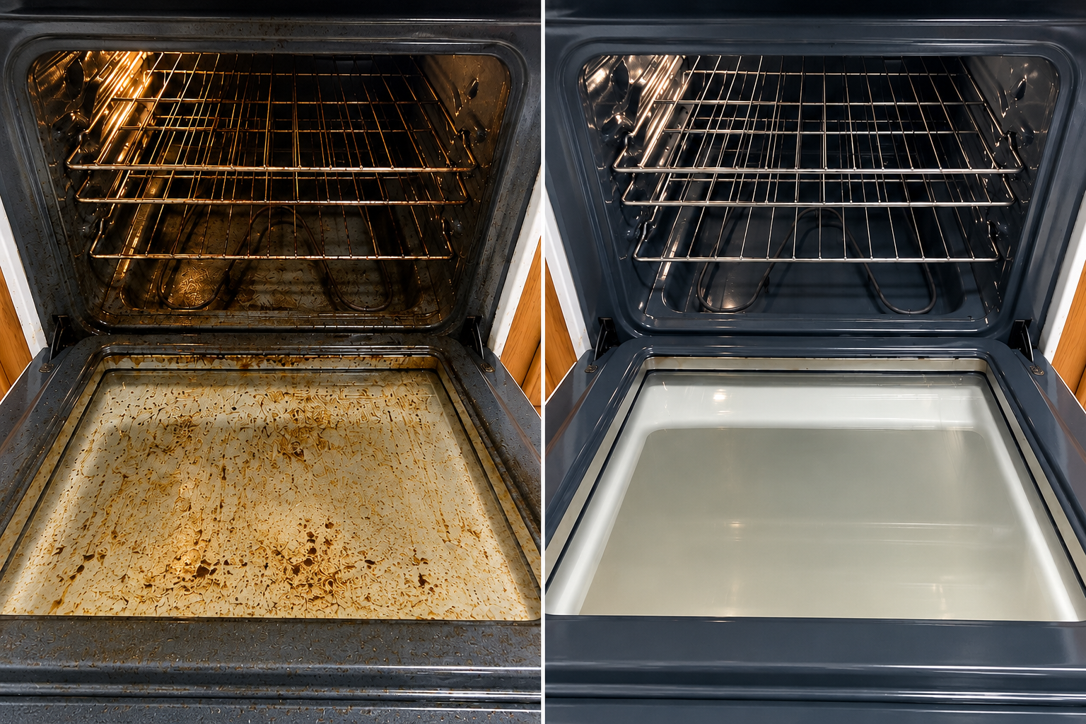 Before and after professional deep cleaning of an oven