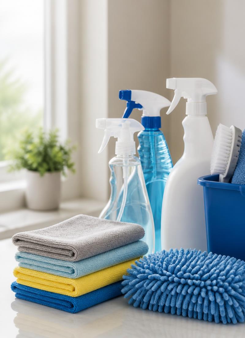 Professional cleaning supplies arranged on a clean countertop